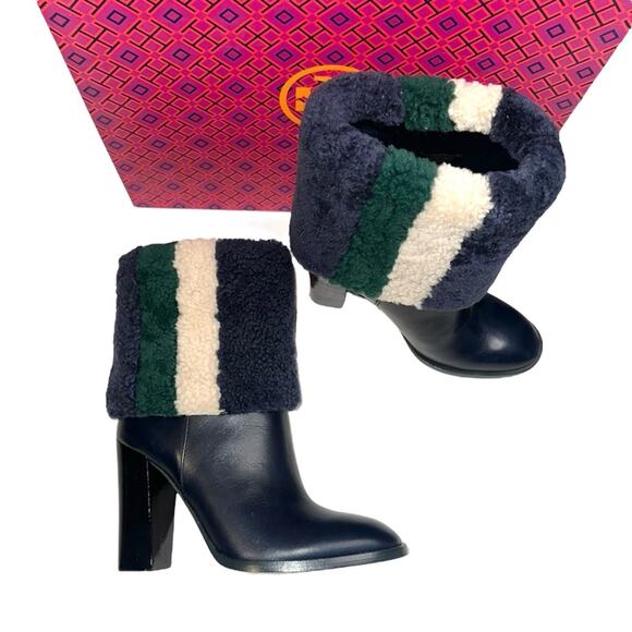 Tory Burch Bamford 100mm Navy Lamb Fur Block Heel Booties 7M - Picture 2 of 10